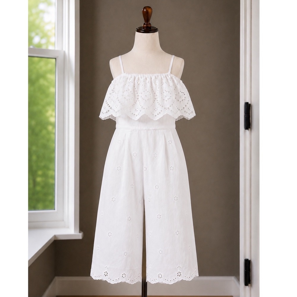 Harper Heritage White Eyelet Cotton Jumpsuit Emberly Wide Leg XS Cottagecore